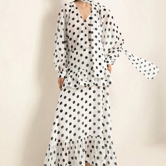 Elegant Women's Polka Dot Bowknot Flare Sleeve Ruffle top & Maxi skirt set - Picture 5 of 7